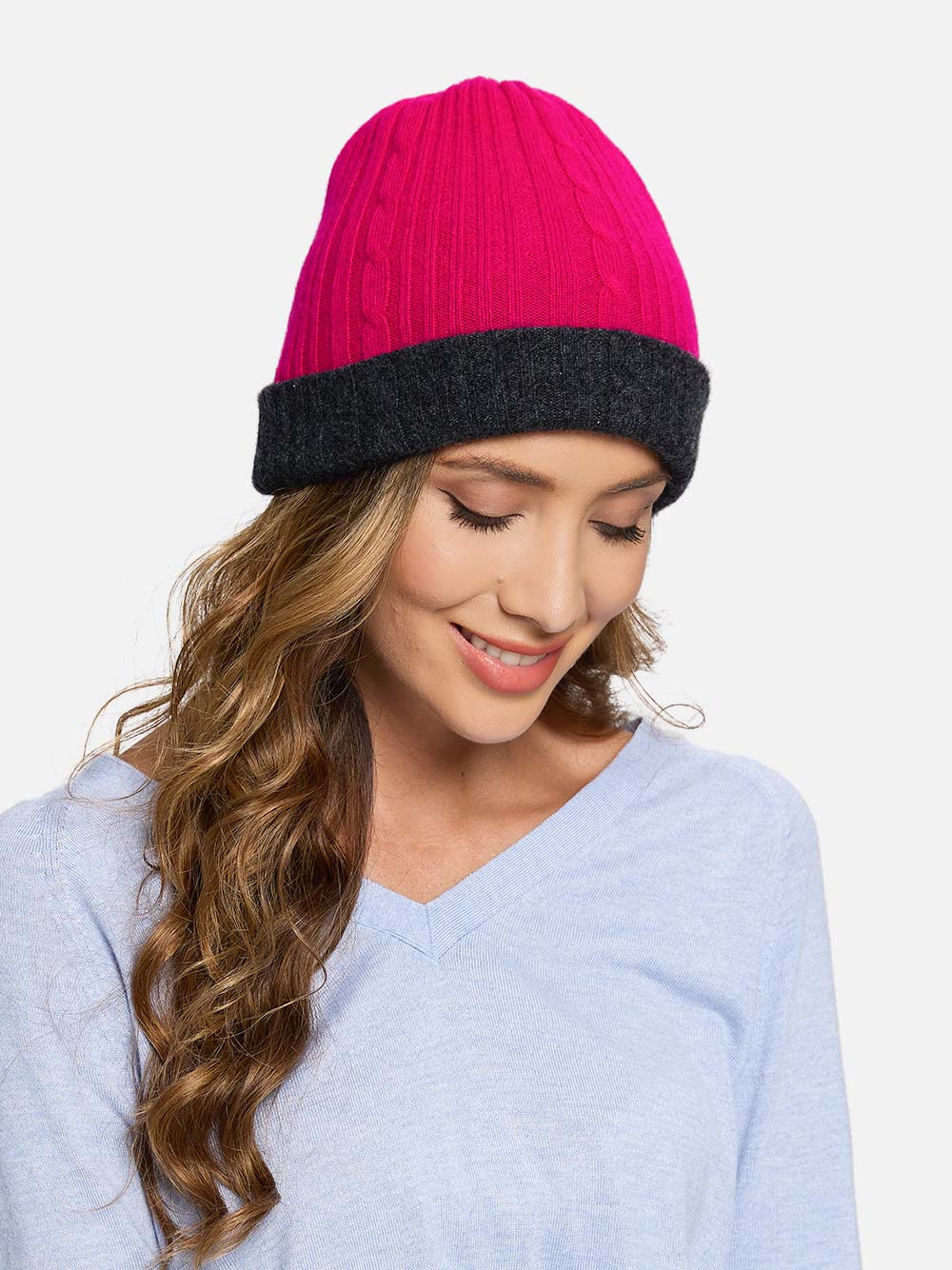 4-Way Cashmere Beanie - Charcoal Gray/Fuchsia