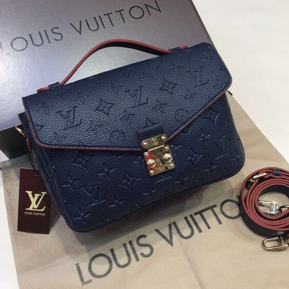 LV Pochette Métis Monogram Empreinte Leather Handle Crossbody Bag with Navy Blue Leather Trim